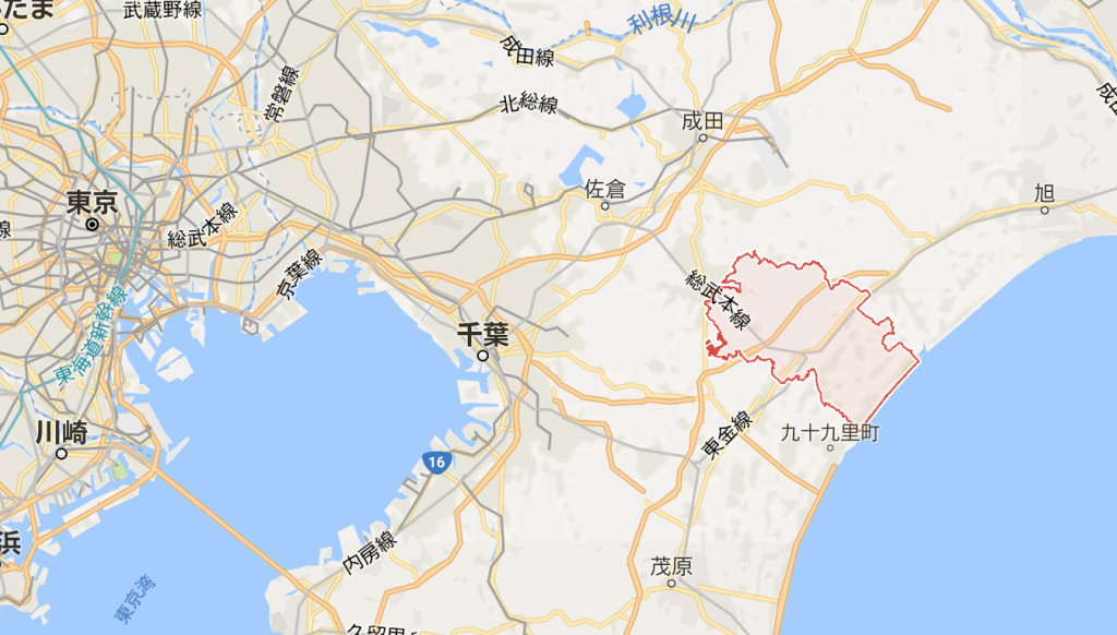 GoogleMapで見た山武市。九十九里浜は実は山武市です。